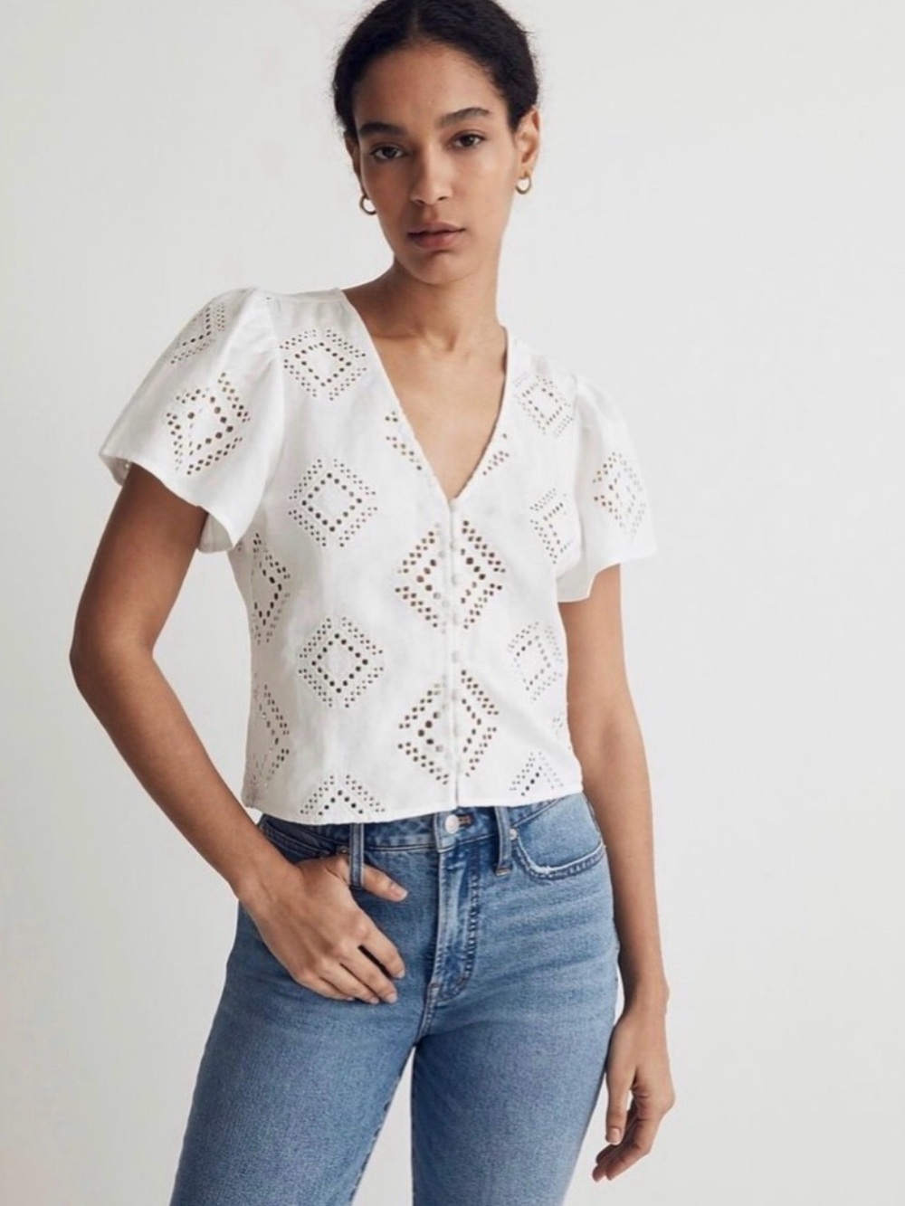 Madewell Eyelet Flutter-Sleeve Top White Linen Blend Button Front Blouse XL - Picture 2 of 15
